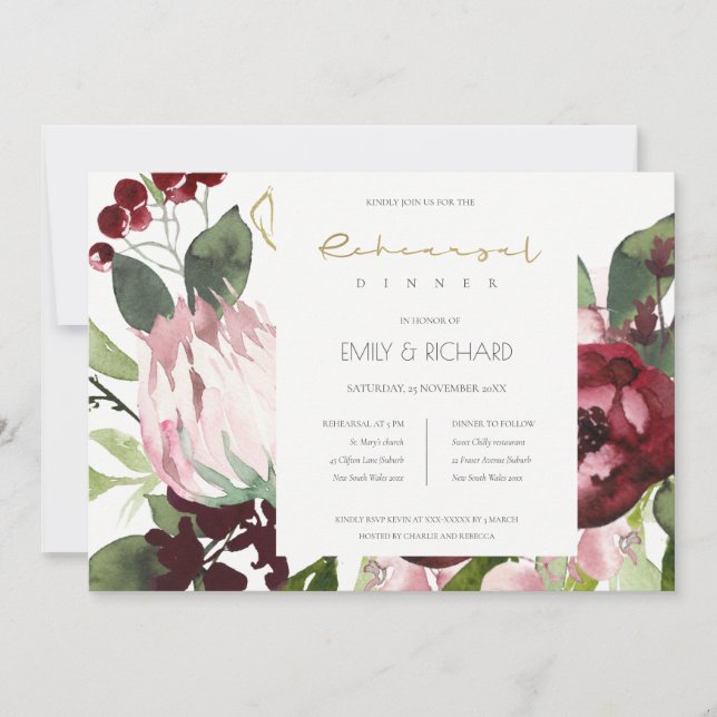 BLUSH PINK BURGUNDY PROTEA FLORAL REHEARSAL DINNER INVITATION (Front)