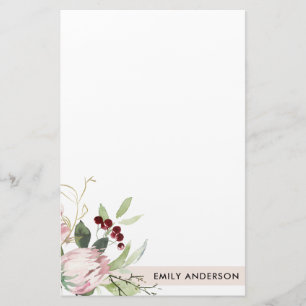 BLUSH PINK BURGUNDY PROTEA FLORAL WATERCOLOR STATIONERY