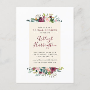 Blush Pink & Burgundy Red Floral Bridal Shower Invitation Postcard