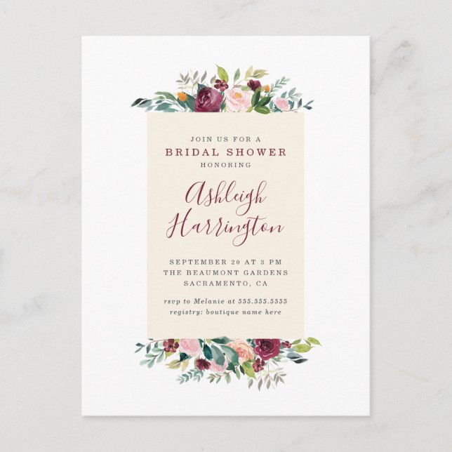 Blush Pink & Burgundy Red Floral Bridal Shower Invitation Postcard (Front)