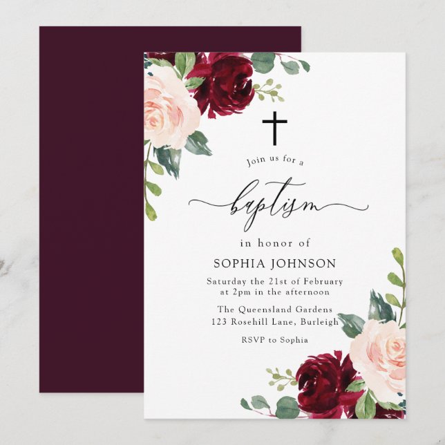 Blush Pink Burgundy Red Floral Cross Baptism Invitation (Front/Back)