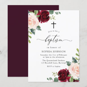 Blush Pink Burgundy Red Floral Cross Baptism Invitation