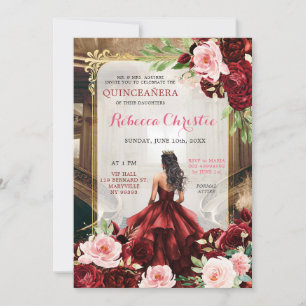 Blush Pink Burgundy Red Floral Quinceañera Invitation