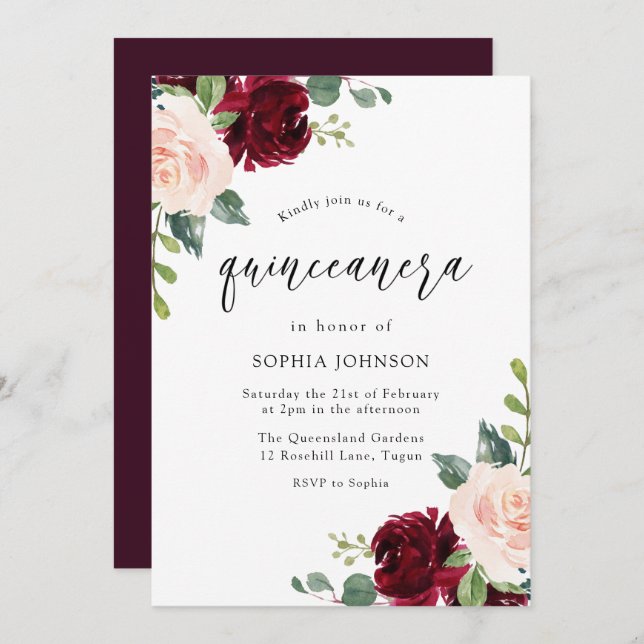 Blush Pink Burgundy Red Floral Quinceanera Party Invitation (Front/Back)