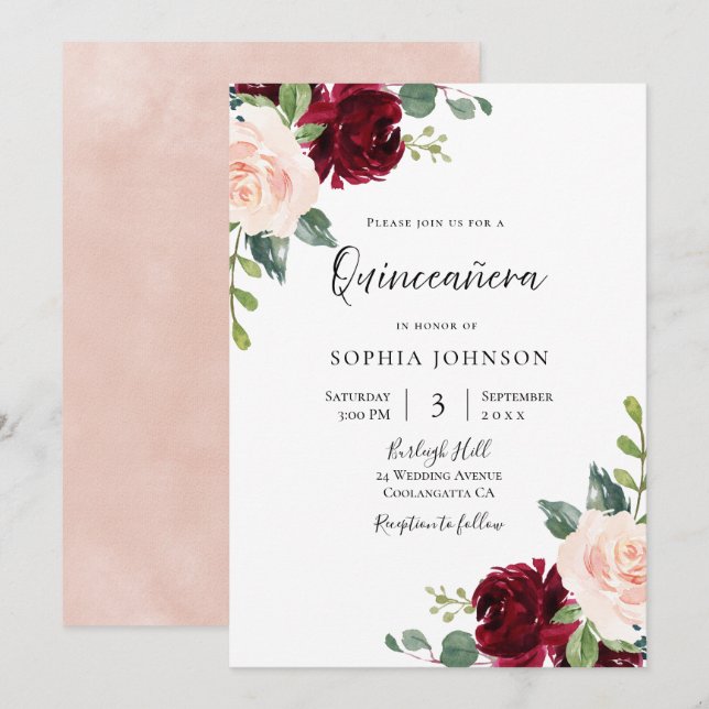 Blush Pink & Burgundy Red Floral Quinceanera Party Invitation (Front/Back)