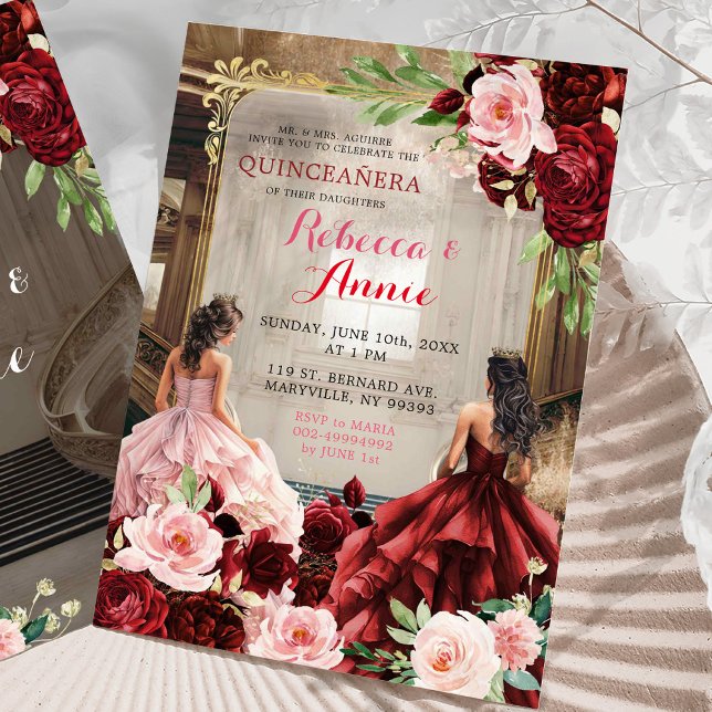 Blush Pink Burgundy Red Floral Twins Quinceañera Invitation (Creator Uploaded)