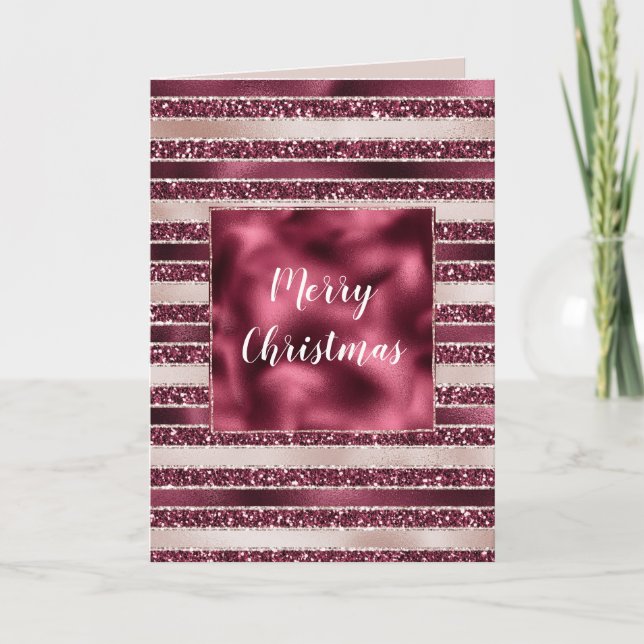 Blush Pink Burgundy Red Glitter Stripes Christmas Card (Front)