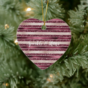 Blush Pink Burgundy Red Rose Glitter Stripes    Ceramic Tree Decoration