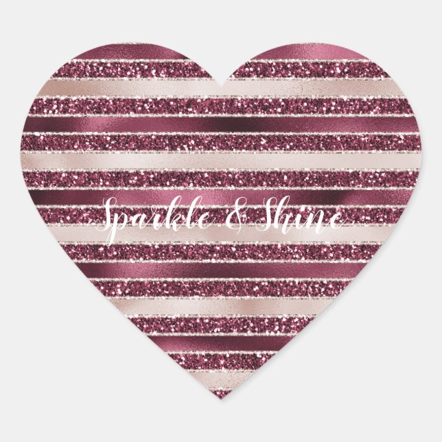 Blush Pink Burgundy Red Rose Glitter Stripes     Heart Sticker (Front)