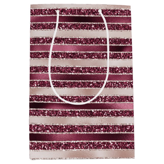 Blush Pink Burgundy Red Rose Glitter Stripes       Medium Gift Bag (Front)