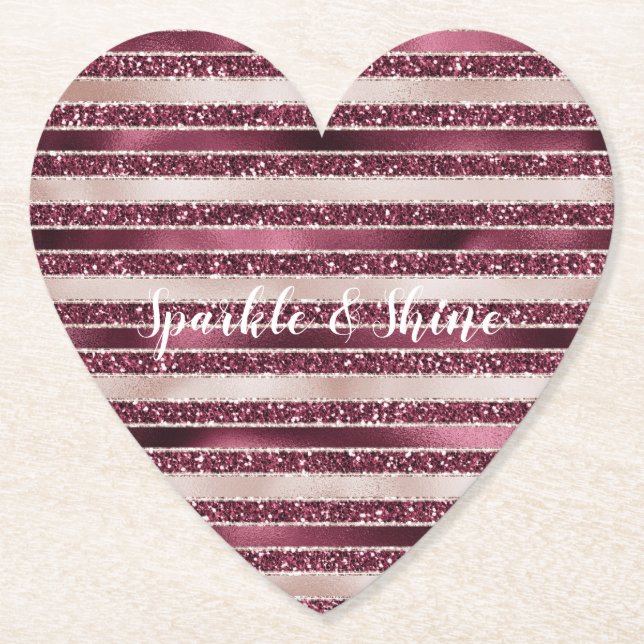 Blush Pink Burgundy Red Rose Glitter Stripes      Paper Coaster (Front)