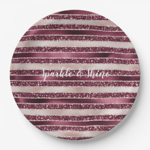 Blush Pink Burgundy Red Rose Glitter Stripes      Paper Plate