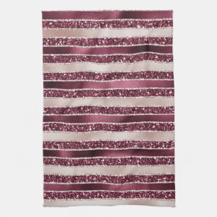Blush Pink Burgundy Red Rose Glitter Stripes       Tea Towel