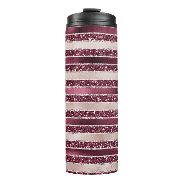 Blush Pink Burgundy Red Rose Glitter Stripes       Thermal Tumbler (Front)