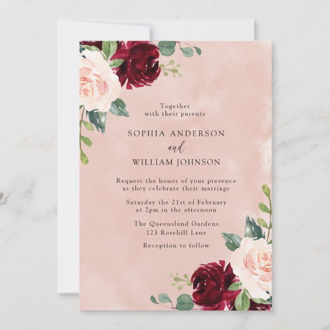 Blush Pink Burgundy Red Watercolor Floral Wedding Invitation (Front)