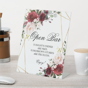 Blush Pink & Burgundy Rose Open Bar Sign