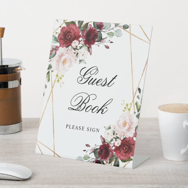 Blush Pink & Burgundy Rose Shower Guest Book Sign (In SItu)