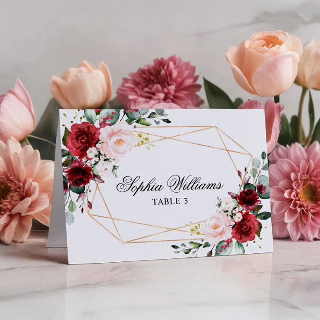 Blush Pink & Burgundy Rose Wedding Place Card (Creator Uploaded)