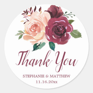 Blush Pink Burgundy Roses Wedding Thank You Classic Round Sticker