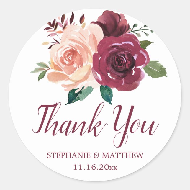 Blush Pink Burgundy Roses Wedding Thank You Classic Round Sticker (Front)