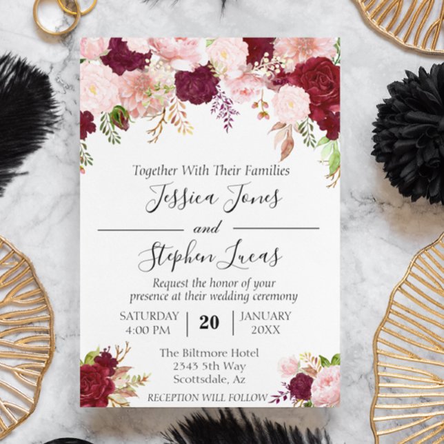 Blush Pink Burgundy Watercolor Floral Romantic Invitation (Creator Uploaded)
