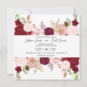 Blush Pink Burgundy Watercolor Floral Square Invitation