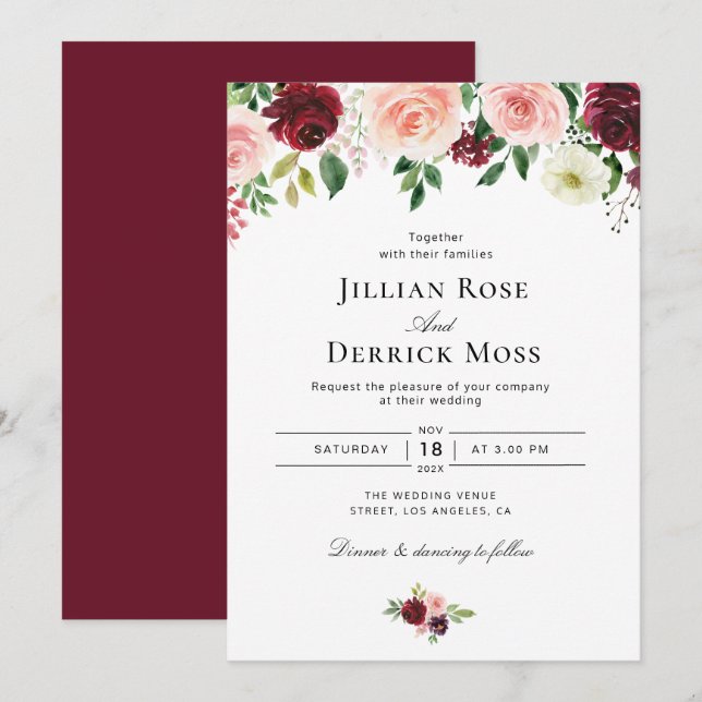 blush pink burgundy watercolor flowers wedding invitation (Front/Back)