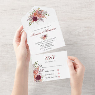 Blush Pink Burgundy Watercolor Peony Wedding All In One Invitation