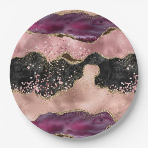 Blush Pink Burgundy Wine Gold Black Glitter Paper Plate