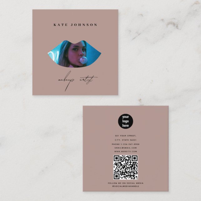 Blush Pink Business Logo Photo Makeup Artist Lip Square Business Card (Front/Back)