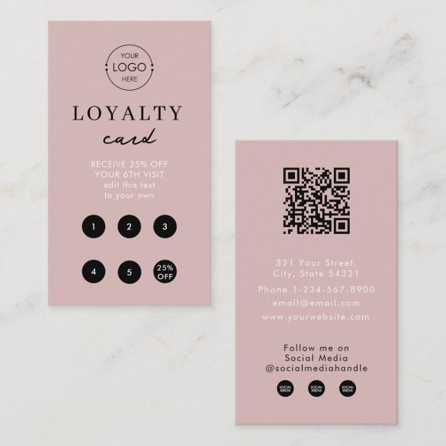 Blush Pink Business Logo QR Code Loyalty Simple Business Card (Front/Back)
