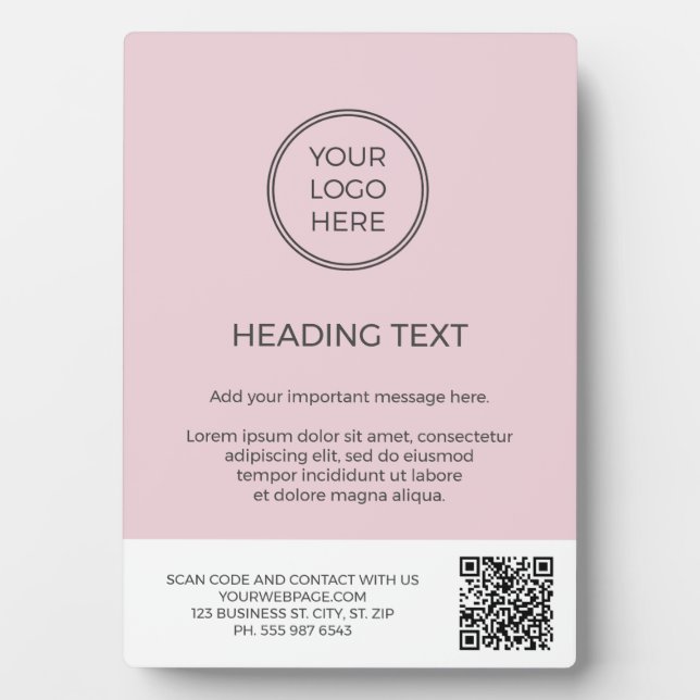 Blush Pink Business Logo QR Code Sign Plaque (Front)