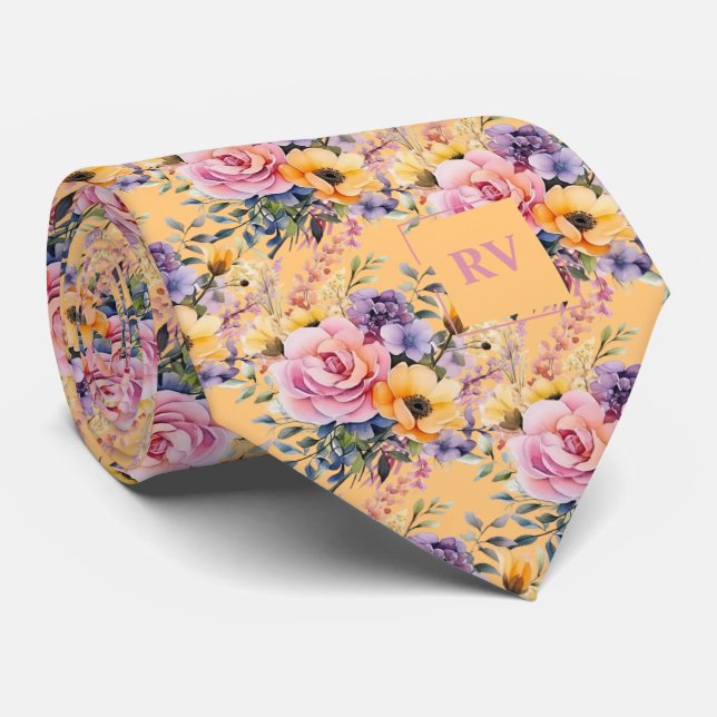 Blush Pink Buttercream Yellow  Watercolor Flowers Tie (Rolled)