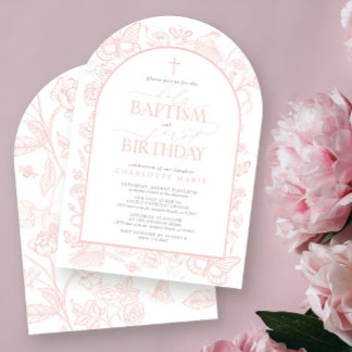 Blush Pink Butterflies Holy Baptism & 1st Birthday Invitation