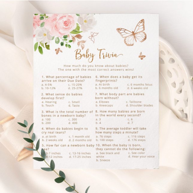 Blush pink butterfly Baby trivia baby shower game (Creator Uploaded)