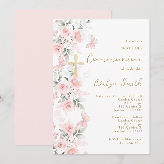 Blush Pink Butterfly First Communion Girl Invitation (Front/Back)