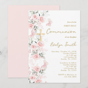 Blush Pink Butterfly First Communion Girl Invitation