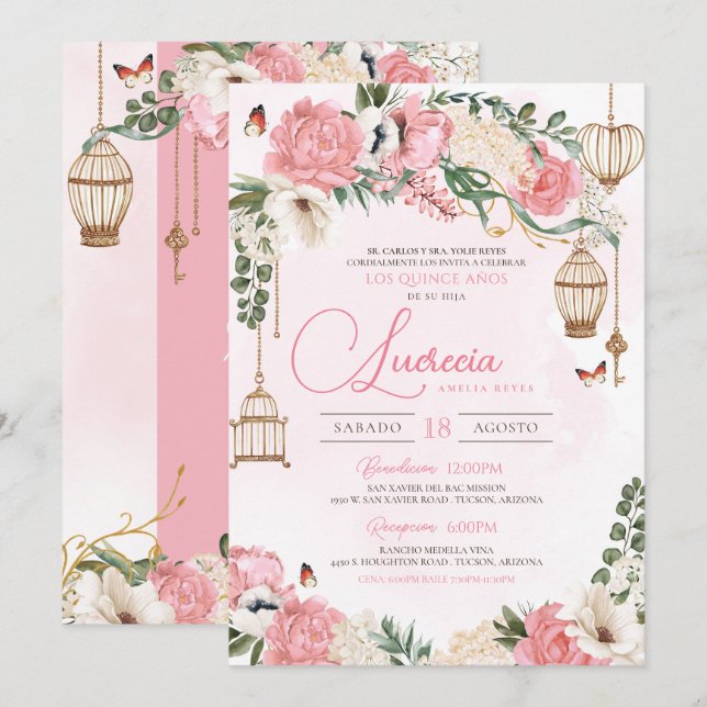 Blush Pink Butterfly Floral Elegant Quinceañera Invitation (Front/Back)