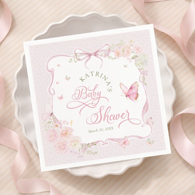 Blush Pink Butterfly Floral Girl Baby Shower Napkin (Creator Uploaded)