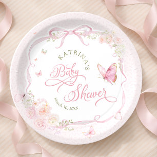 Blush Pink Butterfly Floral Girl Baby Shower Paper Plate