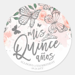 Blush Pink Butterfly Floral Quinceanera Party Clas Classic Round Sticker