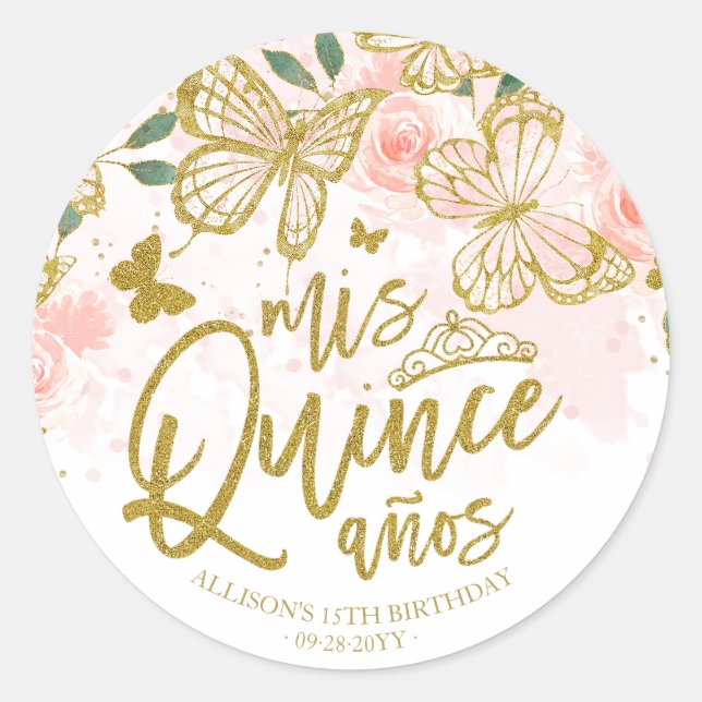 Blush Pink Butterfly Floral Quinceanera Party Classic Round Sticker (Front)