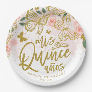 Blush Pink Butterfly Floral Quinceanera Party Paper Plate
