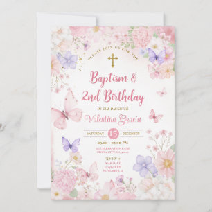 Blush Pink Butterfly Girl 2nd Birthday Baptism Invitation