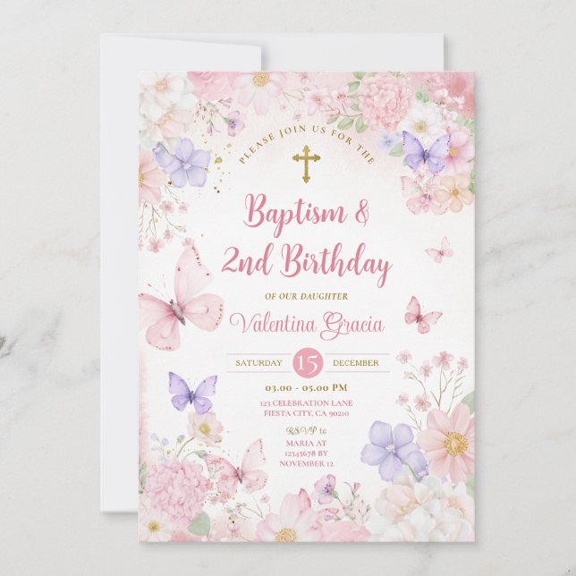 Blush Pink Butterfly Girl 2nd Birthday Baptism Invitation (Front)