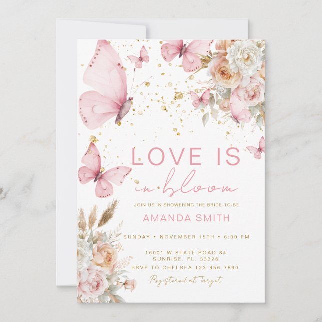 Blush Pink Butterfly Loves in Bloom Bridal Shower Invitation (Front)