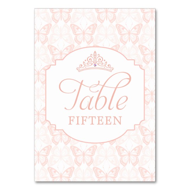 Blush Pink Butterfly Tiara Sweet 15 Table Number (Front)