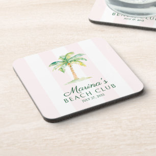 Blush Pink Cabana Stripes Palm Beach Club Birthday Coaster