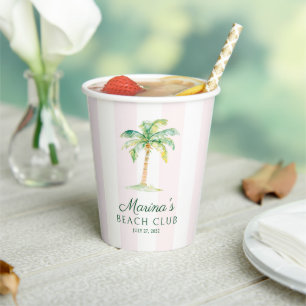 Blush Pink Cabana Stripes Palm Beach Club Birthday Paper Cups
