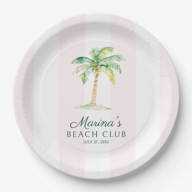 Blush Pink Cabana Stripes Palm Beach Club Birthday Paper Plate (Front)